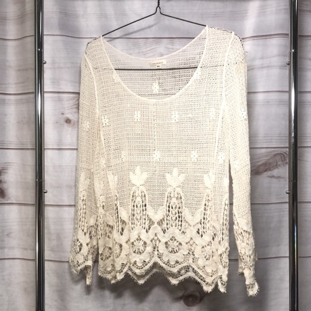 Phanuel Off White Long Sleeve Lace Boho Top M/L